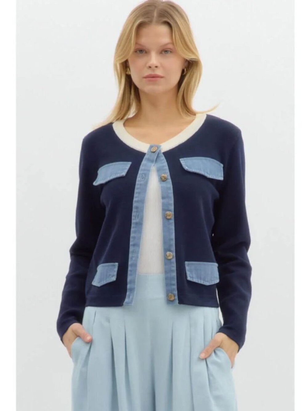 Entro Navy Knit Cardigan Jacket with Light Denim Trim Size Small Women's